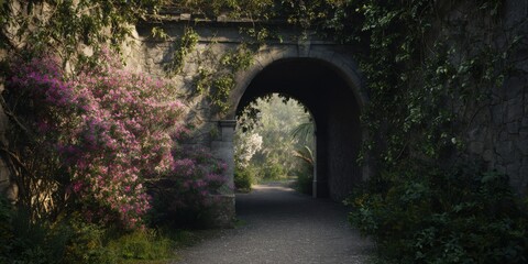 Obraz premium Stone Archway With Lush Greenery And Pink Flowers In A Serene Garden. Tranquil Nature Escape