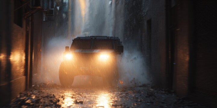 Armored Vehicle Driving Through Narrow Alley In Heavy Rain. Intense Urban Scene With Dramatic Lighting