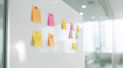 Colorful Sticky Notes On Office Whiteboard. Brainstorming And Idea Organization In Modern Workspace