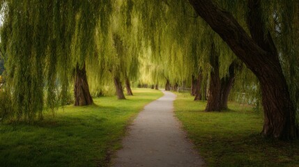 Obraz premium Pathway Through Lush Green Willow Trees In Serene Park Setting. Tranquil Nature Walkway