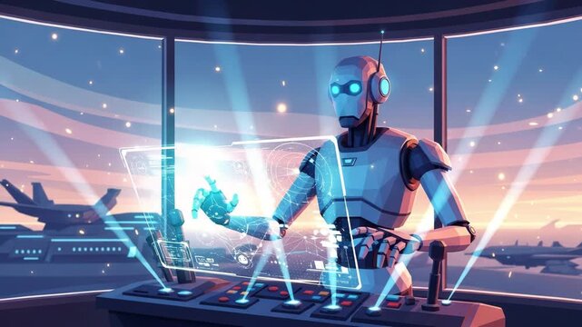Futuristic robot operating advanced holographic interface at airport control tower overlooking