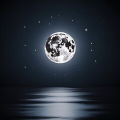 Bright full moon shining over dark reflective water under starry night sky