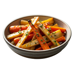 Appetizing, honey-glazed roasted parsnips and carrots with thyme, vibrant orange and creamy white, caramelized. Ideal for holiday feasts, healthy recipes, restaurant menus.