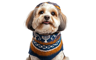 Pet dog wearing Hanukkah sweater with menorah print symbolizing warmth festivity and the joy of holiday celebration isolated on white background PNG