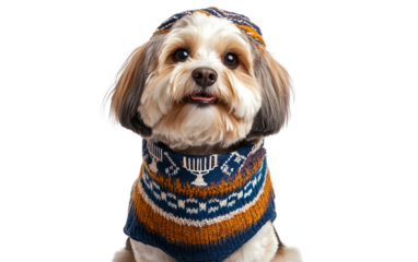 Pet dog wearing Hanukkah sweater with menorah print symbolizing warmth festivity and the joy of holiday celebration isolated on white background PNG