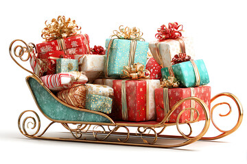 Christmas sleigh overflowing with colorful presents and golden bows, a festive holiday scene evoking joy, perfect for seasonal promotions and heartfelt greetings