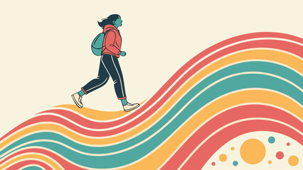 Fototapeta premium Woman Hiking Up Rainbow