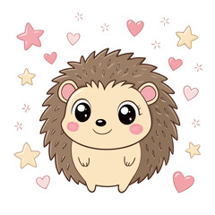 Cute Cartoon Hedgehog with Hearts and Stars