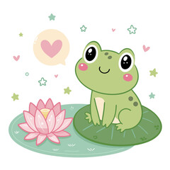 Cute Frog on Lily Pad with Heart, Cartoon Style