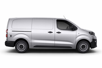 Silver delivery van parked on a white background ready for commercial transport use