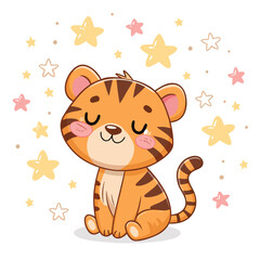 Cute Cartoon Tiger with Stars, Happy Animal Illustration