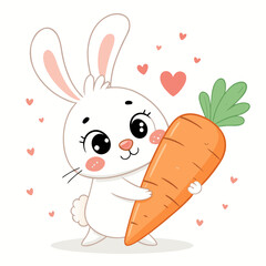 Cute Cartoon Rabbit with Carrot, Easter Bunny Illustration