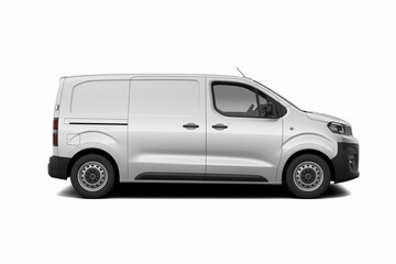 Silver delivery van parked on a white background showcasing its design features