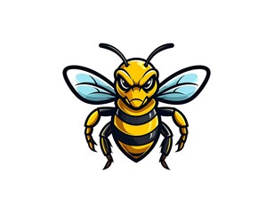 Angry cartoon bee with black stripes and blue wings, facing forward on white background