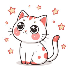 Cute cartoon white cat with red spots and stars