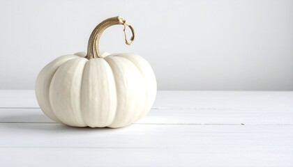 Elegant White Pumpkin Still Life on White Wood Surface.