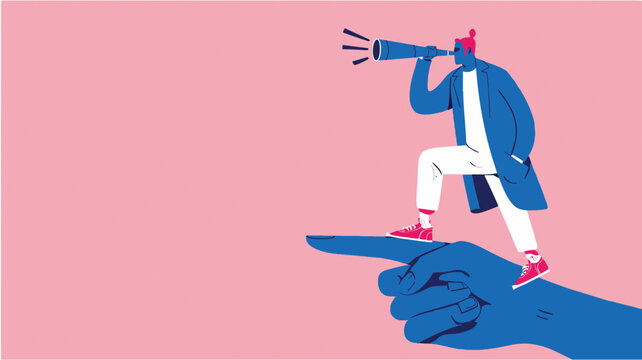 Business concept illustration of a person standing on a large hand using binoculars to look forward and plan ahead