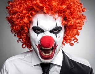 Angry clown with face paint, wild orange wig, and a partially visible suit jacket