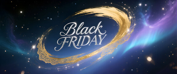 Elegant Black Friday Promotion with Golden Swirls and Night Sky Backdrop for Shopping Event Advertising and Seasonal Sales