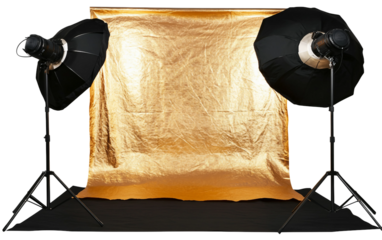 Studio environment prepared for a photo session with diffusion lights and reflectors enhancing illumination isolated on white background PNG