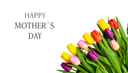 Colorful tulips with ?Happy Mother?s Day? text on a black background, a celebration