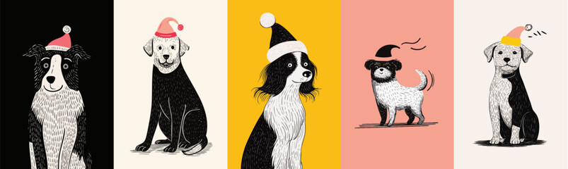 Obraz premium Cute doodle illustration of dogs wearing Santa hats on colorful background for Christmas celebration design