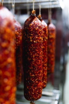 Smoked sausage production line in the factory