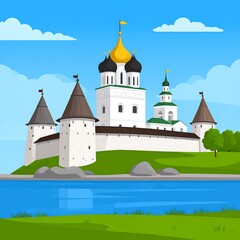 Cartoon Illustration of a Medieval Fortress on a Green Hill.