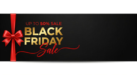 Black friday sale golden texture and realistic ribbon red luxury. Advertising Poster design.logo golden color on dark background.Vector illustration.