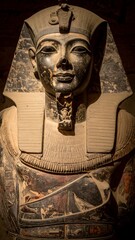 Ancient Egyptian pharaoh statue detailed from chest up, dark background, light angles, aged