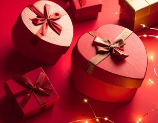 Romantic Red Gift Boxes with Ribbons and Fairy Lights.