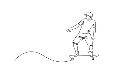 Continuous one line drawing of Young man skateboarding. Single line drawing illustration of Young guy rides skateboard and jumps. Street man concept vector art. Doodle line illustration.