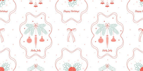 Christmas seamless pattern with Elegant linear festive ornaments, bows and holiday lettering. Christmas tree decorations,bells. Minimal background for holiday wrapping, background, cards, or textiles