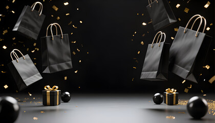Elegant Black Friday Sale with Floating Shopping Bags and Gift Boxes Featuring Golden Confetti for Retail Promotions