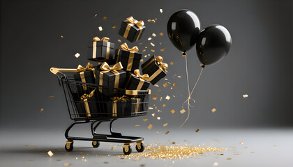 Elegant Black Friday shopping cart filled with gifts balloons and confetti for celebration and premium holiday sales event promotion