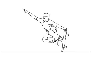 Continuous one line drawing of Young man skateboarding. Single line drawing illustration of Young guy rides skateboard and jumps. Street man concept vector art. Doodle line illustration.