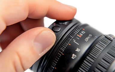 Close up of skilled photographer fine tuning aperture settings on lens for perfect depth of field control isolated on white background PNG