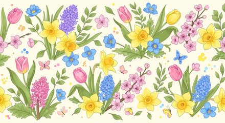Seamless spring floral border pattern with colorful tulips, daffodils, hyacinths, and cherry blossoms, adorned with butterflies and green foliage.