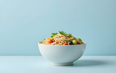 a light-colored bowl filled with noodles, vegetables, and herbs, placed against a soft pastel blue background. The composition is clean and modern