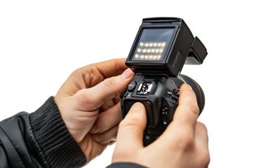 Professional adjusting camera flash settings to enhance brightness and reduce shadows in studio photography isolated on white background PNG