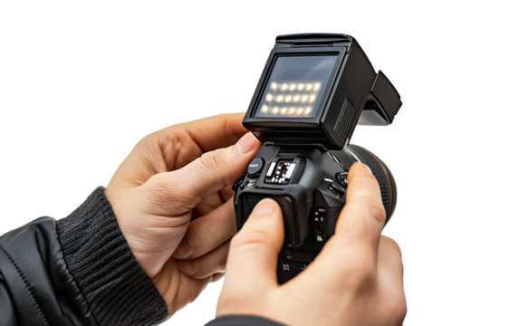 Professional adjusting camera flash settings to enhance brightness and reduce shadows in studio photography isolated on white background PNG