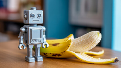 Small metallic robot toy stands beside a partially peeled banana on a wooden table.