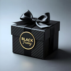 Elegant Black Gift Box with Black Friday Label and Ribbon Perfect for Holiday Promotions and Shopping Season Celebrations