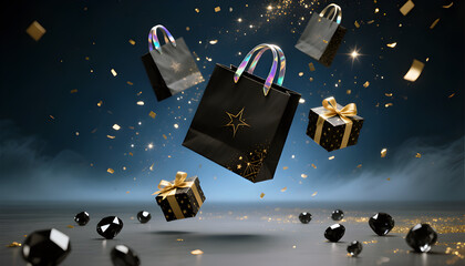 Elegant black shopping bags and gift boxes floating amidst glittering confetti a luxurious shopping experience concept with festive celebration and modern design elements