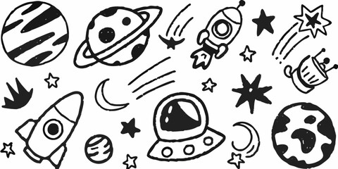 Hand drawn doodle art of planets rockets stars moons and ufos in space exploration theme