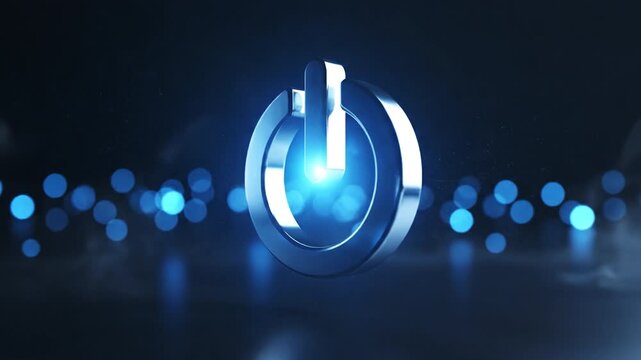 Glowing Power Symbol in Futuristic Design Surrounded by Soft Blue Light and Bokeh Effects, Evoking Modern Technology and Energy for Innovative Connectivity Themes