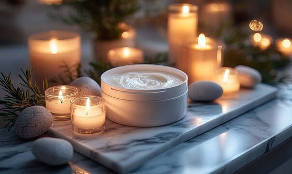 Relaxing Spa Day Ambiance with Cream, Candles, and Marble Tray