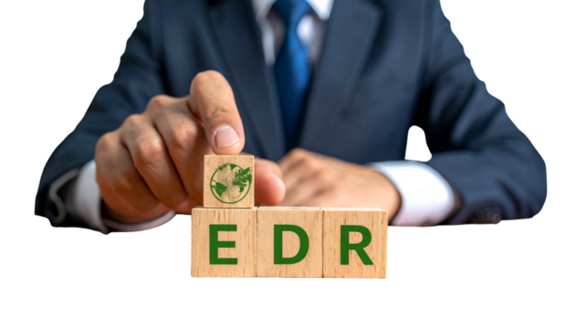 Business person with wooden blocks spelling "EDR" and an eco symbol on top block
