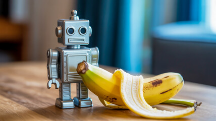 Small robot toy curiously examining a partially peeled ripe banana on table