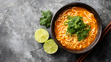 A top-down view of a bowl of spicy ramen noodles with a rich orange broth, garnished with fresh cilantro and lime slices. The bowl is placed on a textured blue background with chopsticks beside it